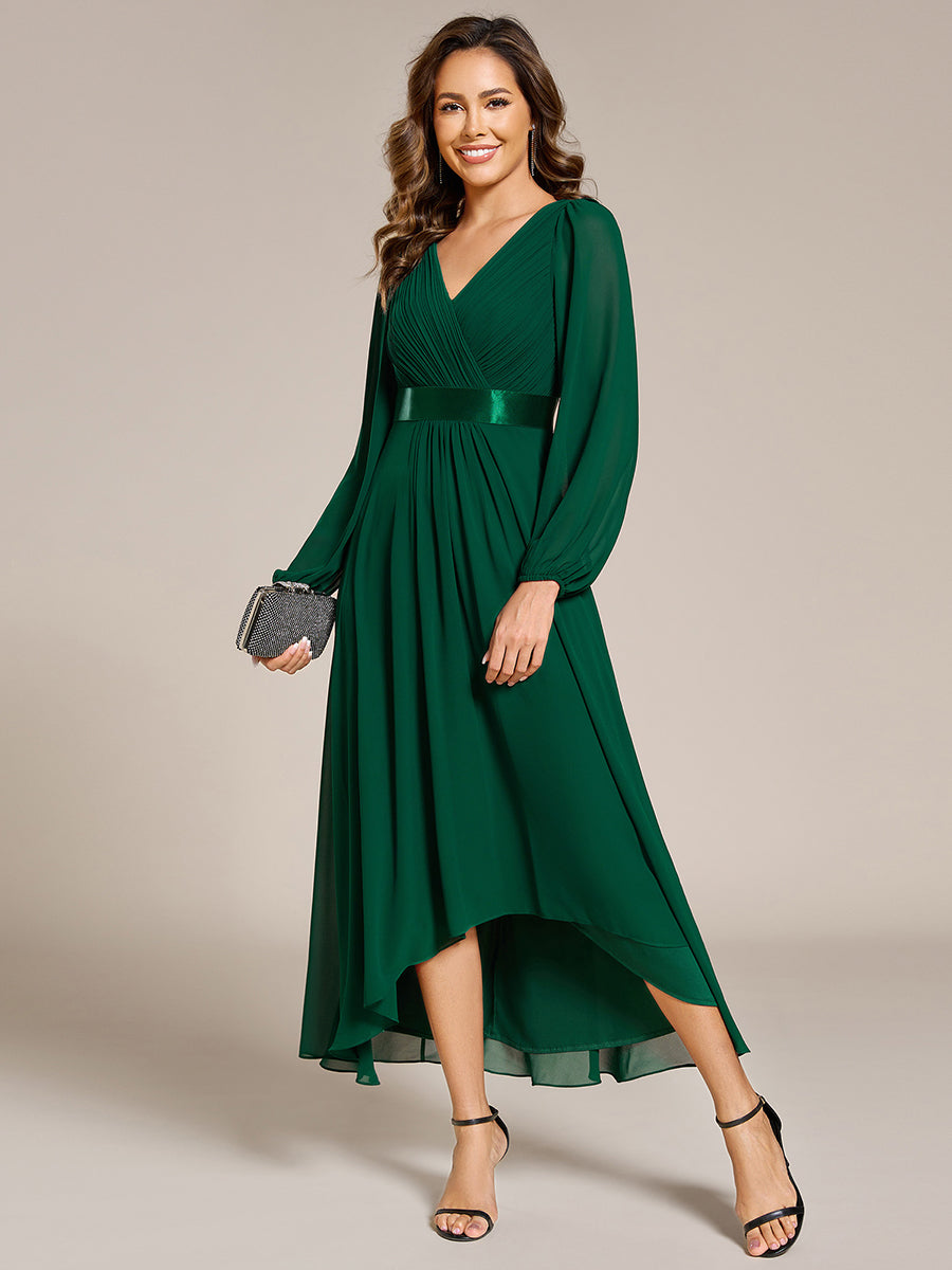 Pleated Chiffon Lantern Sleeve Evening Dress