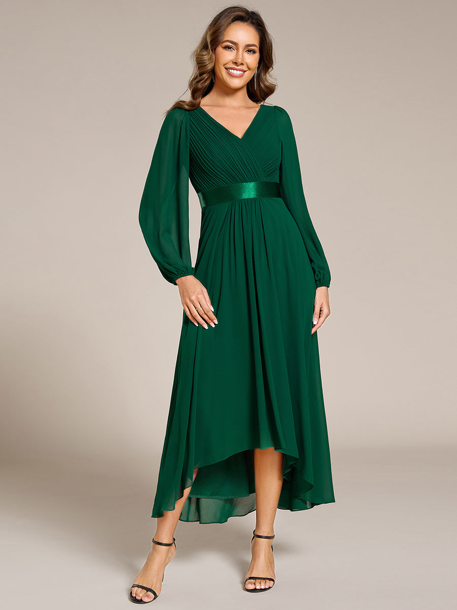 Pleated Chiffon Lantern Sleeve Evening Dress