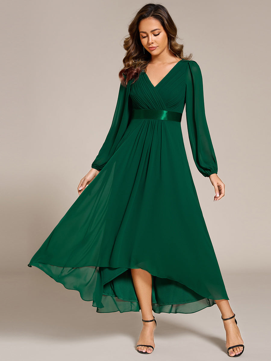 Pleated Chiffon Lantern Sleeve Evening Dress