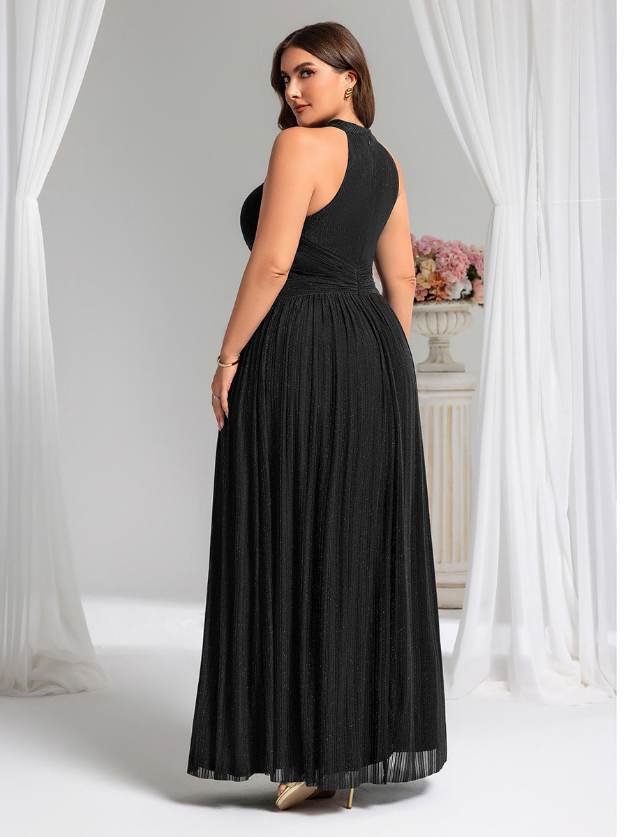 pretty EVERLAINE|Plus Size Glittery Halter Neck Pleated Formal Evening Dress