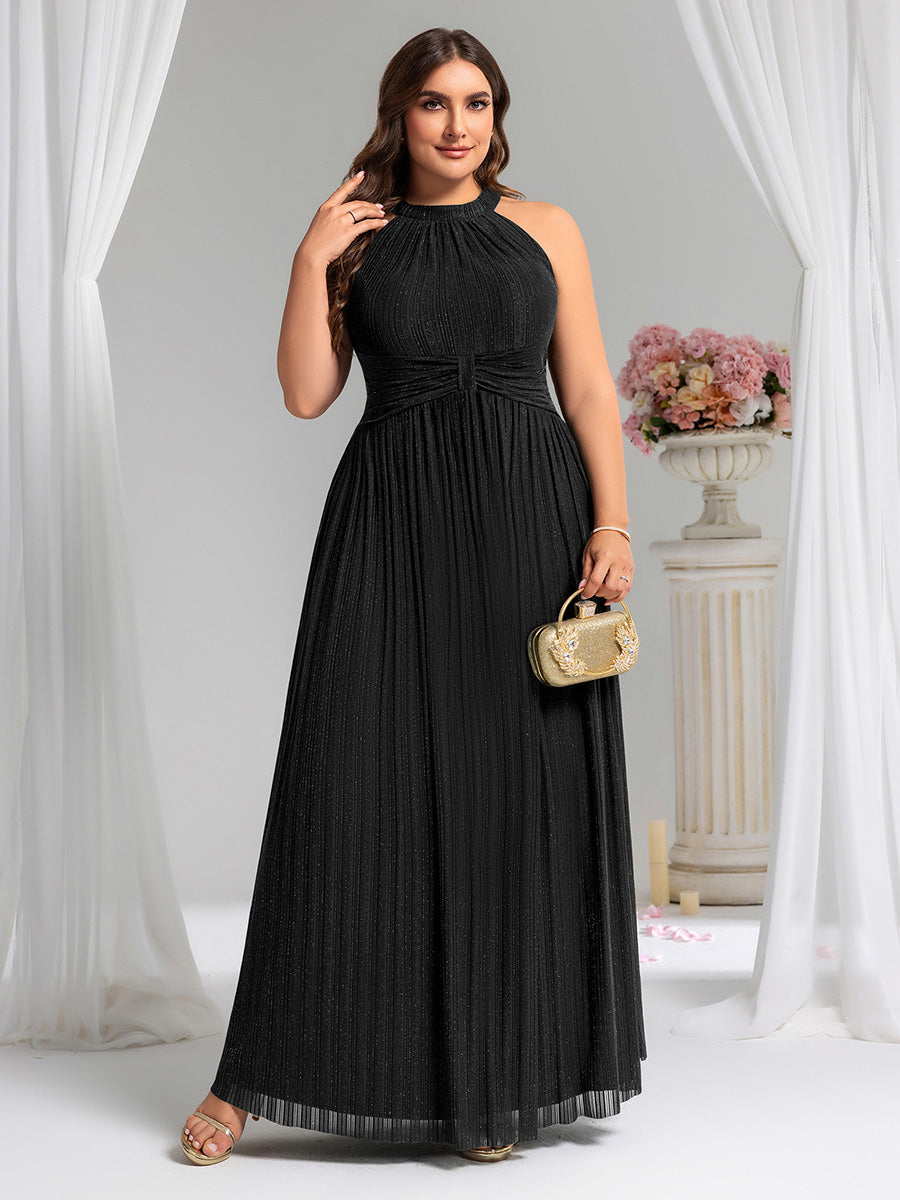 pretty EVERLAINE|Plus Size Glittery Halter Neck Pleated Formal Evening Dress