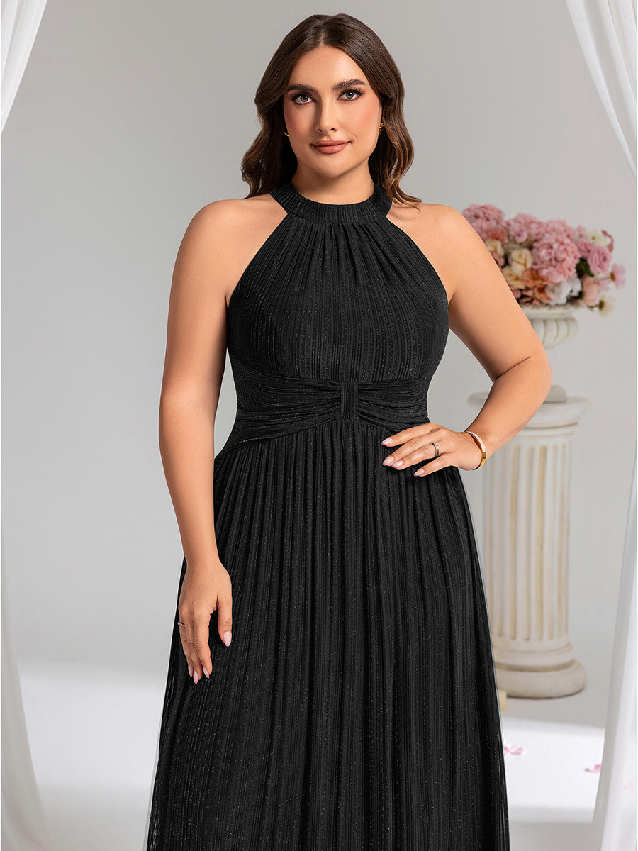 pretty EVERLAINE|Plus Size Glittery Halter Neck Pleated Formal Evening Dress