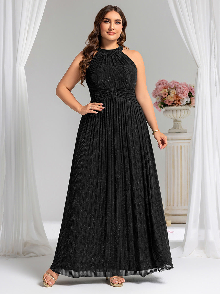 pretty EVERLAINE|Plus Size Glittery Halter Neck Pleated Formal Evening Dress