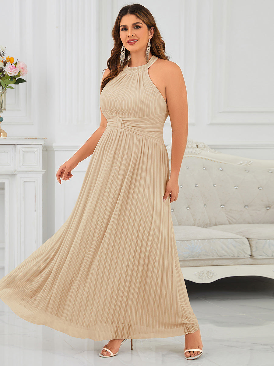 pretty EVERLAINE|Plus Size Glittery Halter Neck Pleated Formal Evening Dress