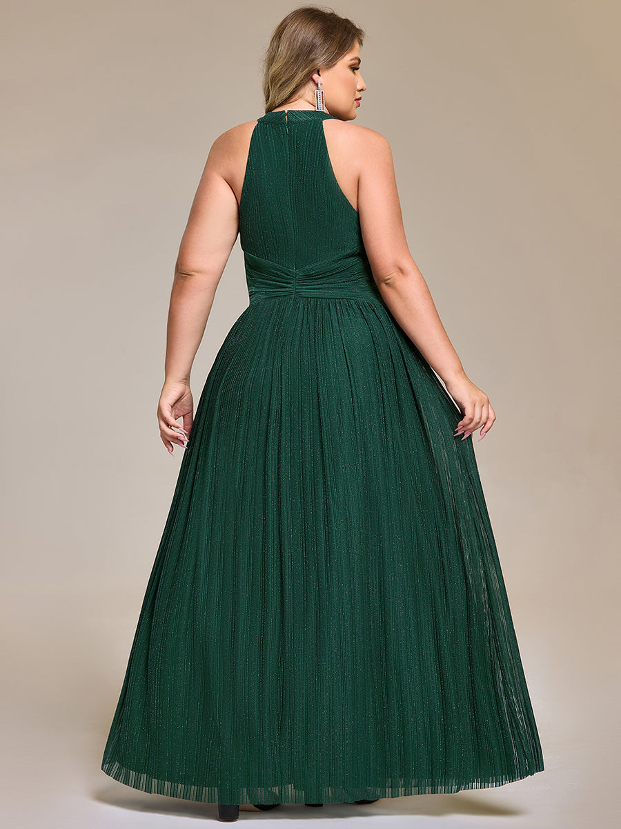pretty EVERLAINE|Plus Size Glittery Halter Neck Pleated Formal Evening Dress