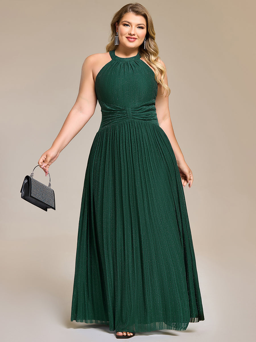 pretty EVERLAINE|Plus Size Glittery Halter Neck Pleated Formal Evening Dress