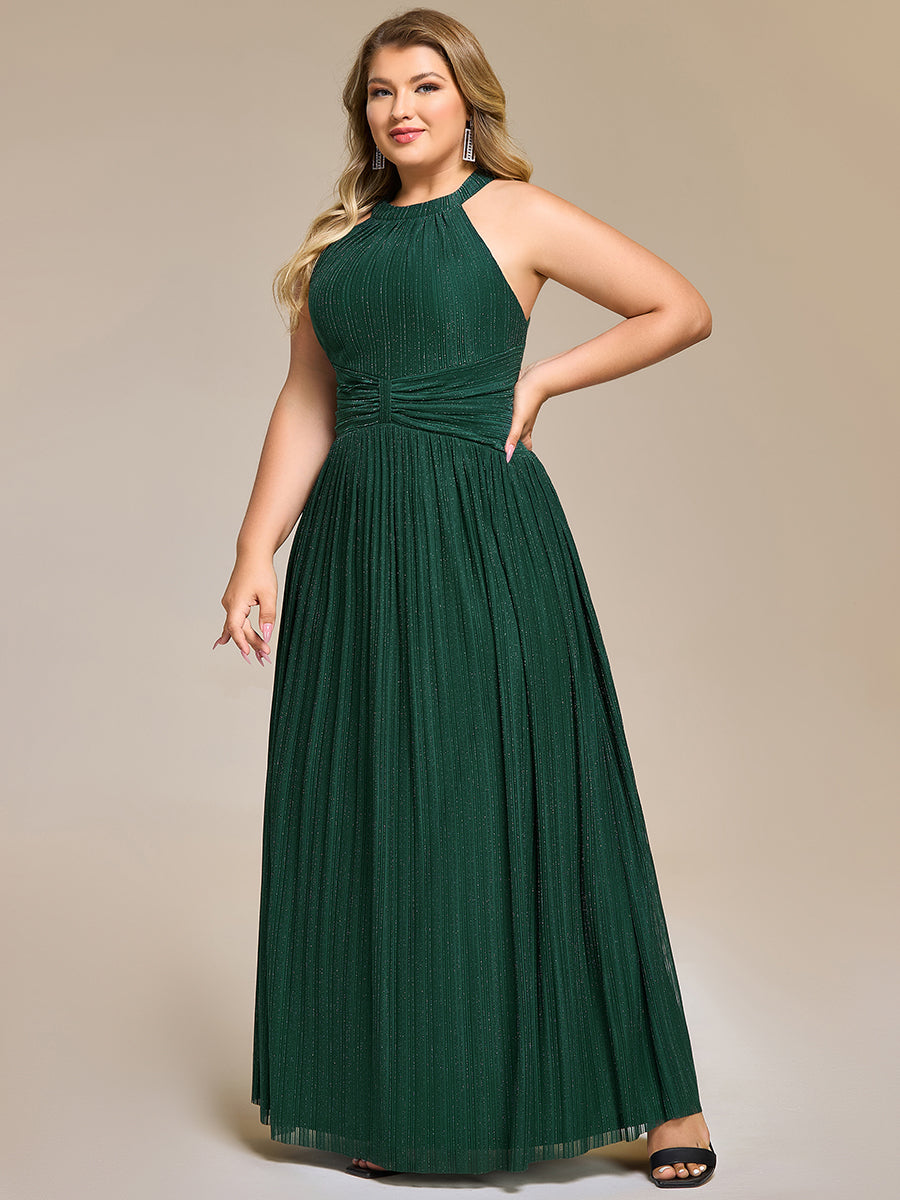 pretty EVERLAINE|Plus Size Glittery Halter Neck Pleated Formal Evening Dress