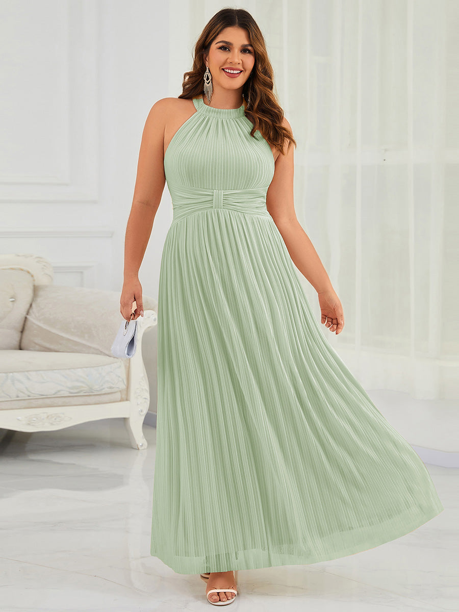 pretty EVERLAINE|Plus Size Glittery Halter Neck Pleated Formal Evening Dress