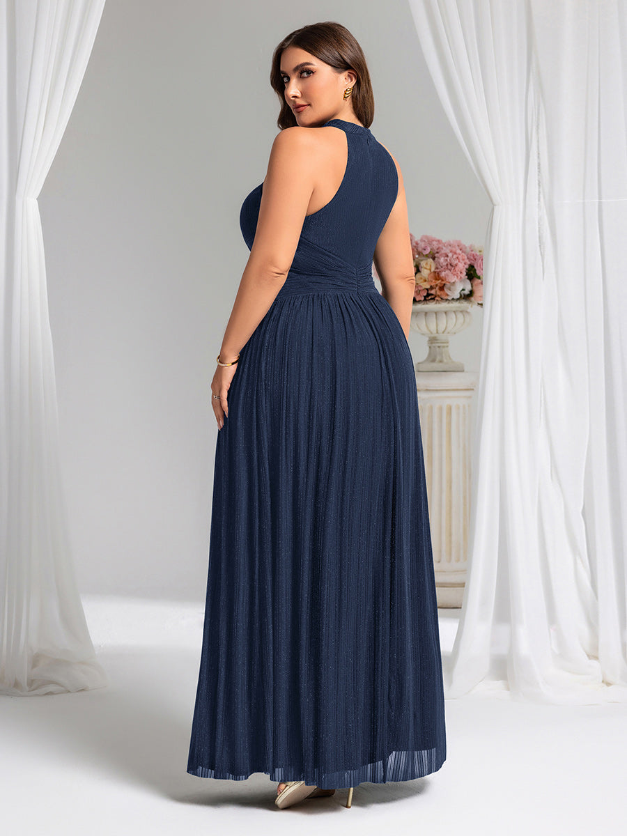 pretty EVERLAINE|Plus Size Glittery Halter Neck Pleated Formal Evening Dress