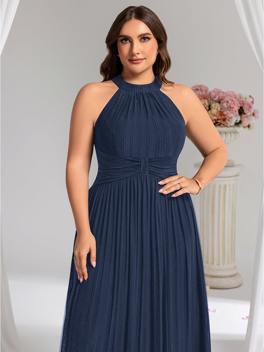 pretty EVERLAINE|Plus Size Glittery Halter Neck Pleated Formal Evening Dress