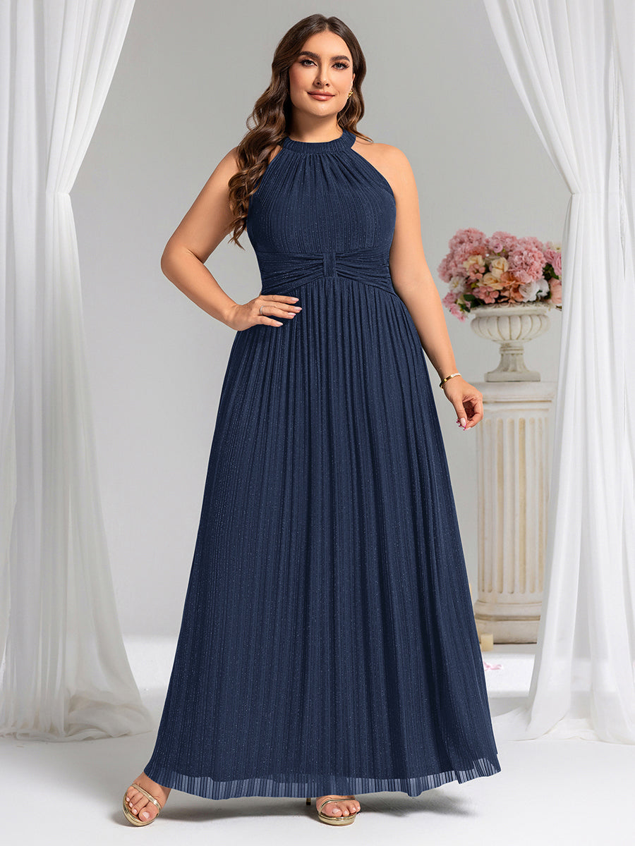 pretty EVERLAINE|Plus Size Glittery Halter Neck Pleated Formal Evening Dress