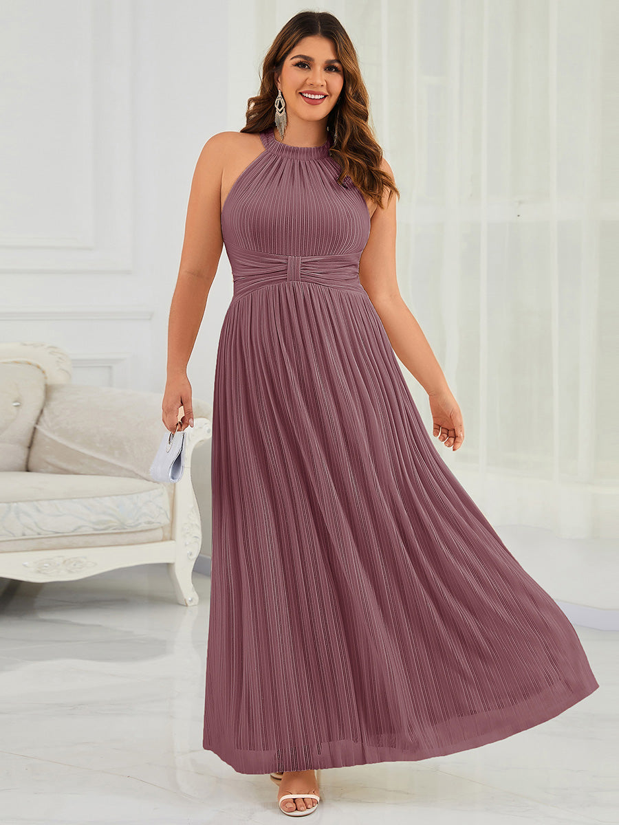 pretty EVERLAINE|Plus Size Glittery Halter Neck Pleated Formal Evening Dress