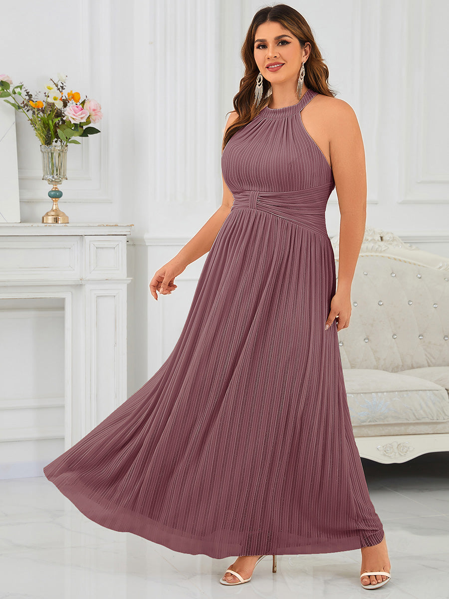 pretty EVERLAINE|Plus Size Glittery Halter Neck Pleated Formal Evening Dress