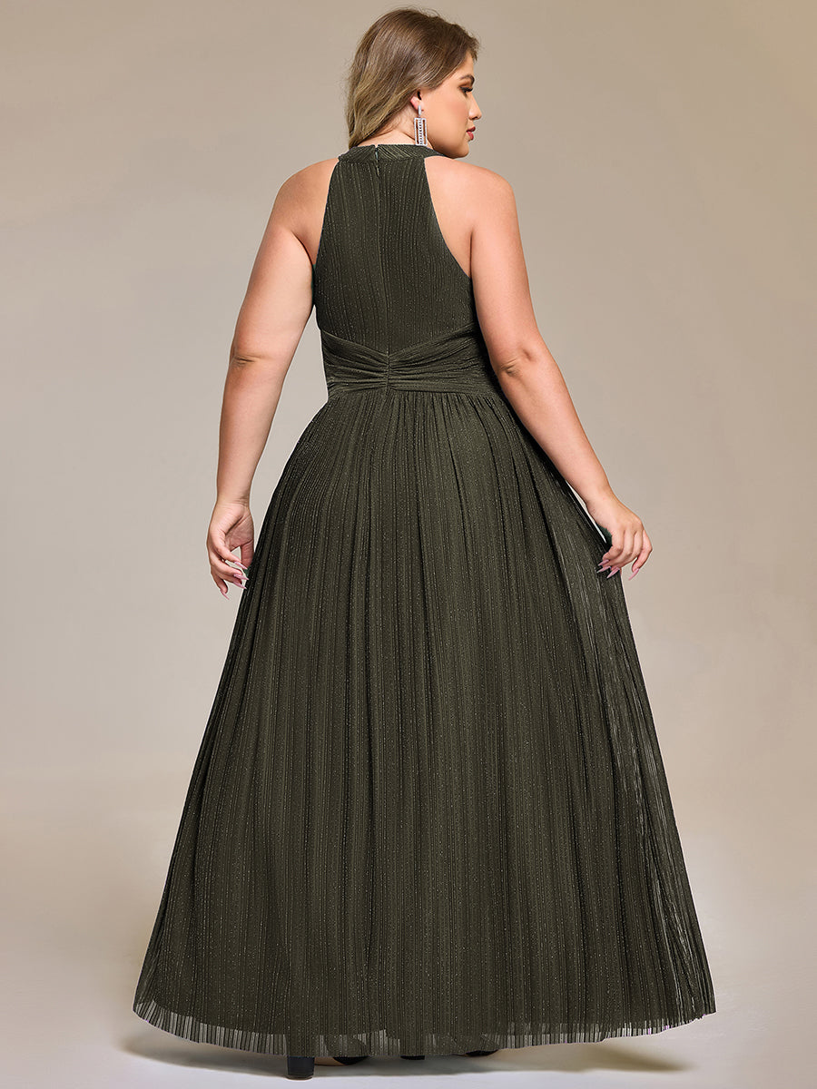 pretty EVERLAINE|Plus Size Glittery Halter Neck Pleated Formal Evening Dress