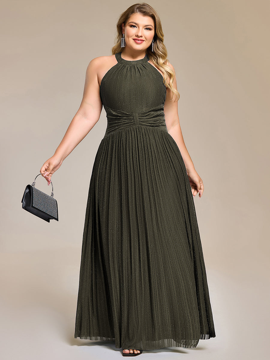 pretty EVERLAINE|Plus Size Glittery Halter Neck Pleated Formal Evening Dress