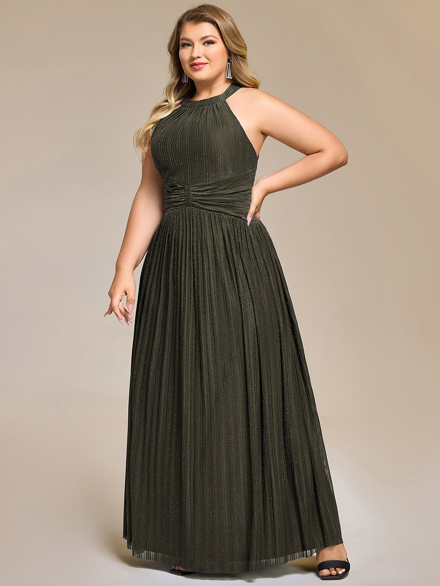 pretty EVERLAINE|Plus Size Glittery Halter Neck Pleated Formal Evening Dress