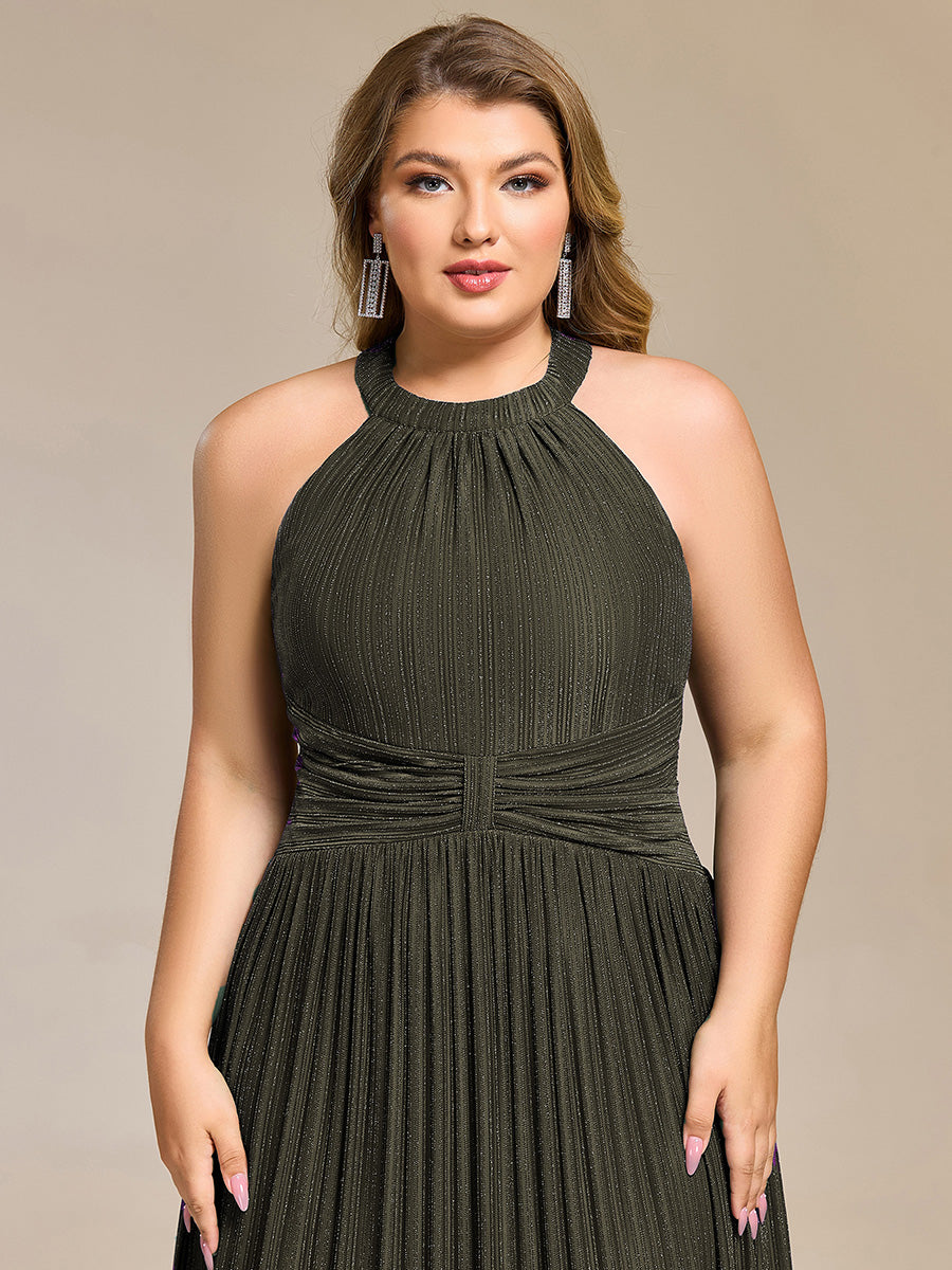 pretty EVERLAINE|Plus Size Glittery Halter Neck Pleated Formal Evening Dress