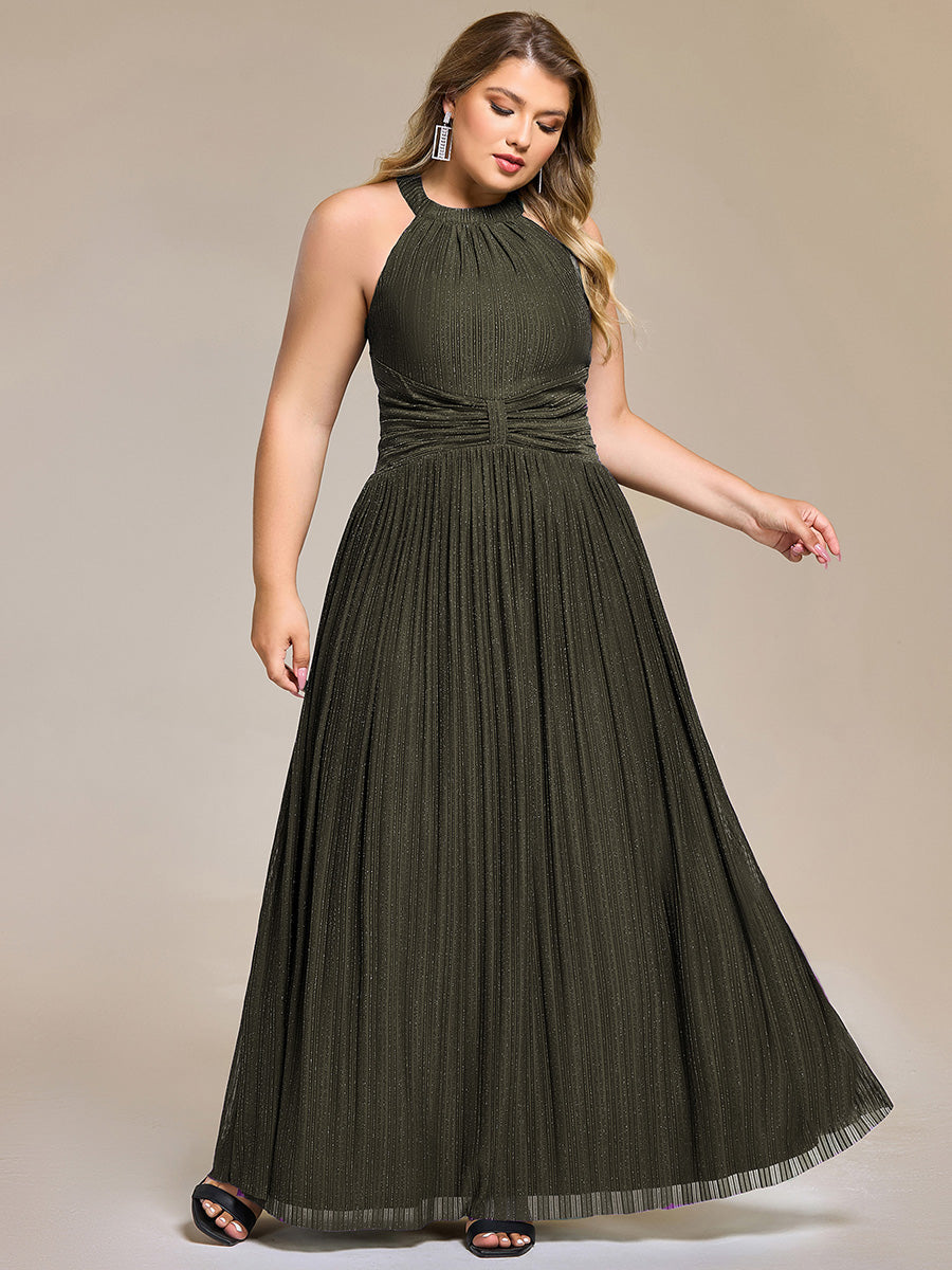 pretty EVERLAINE|Plus Size Glittery Halter Neck Pleated Formal Evening Dress