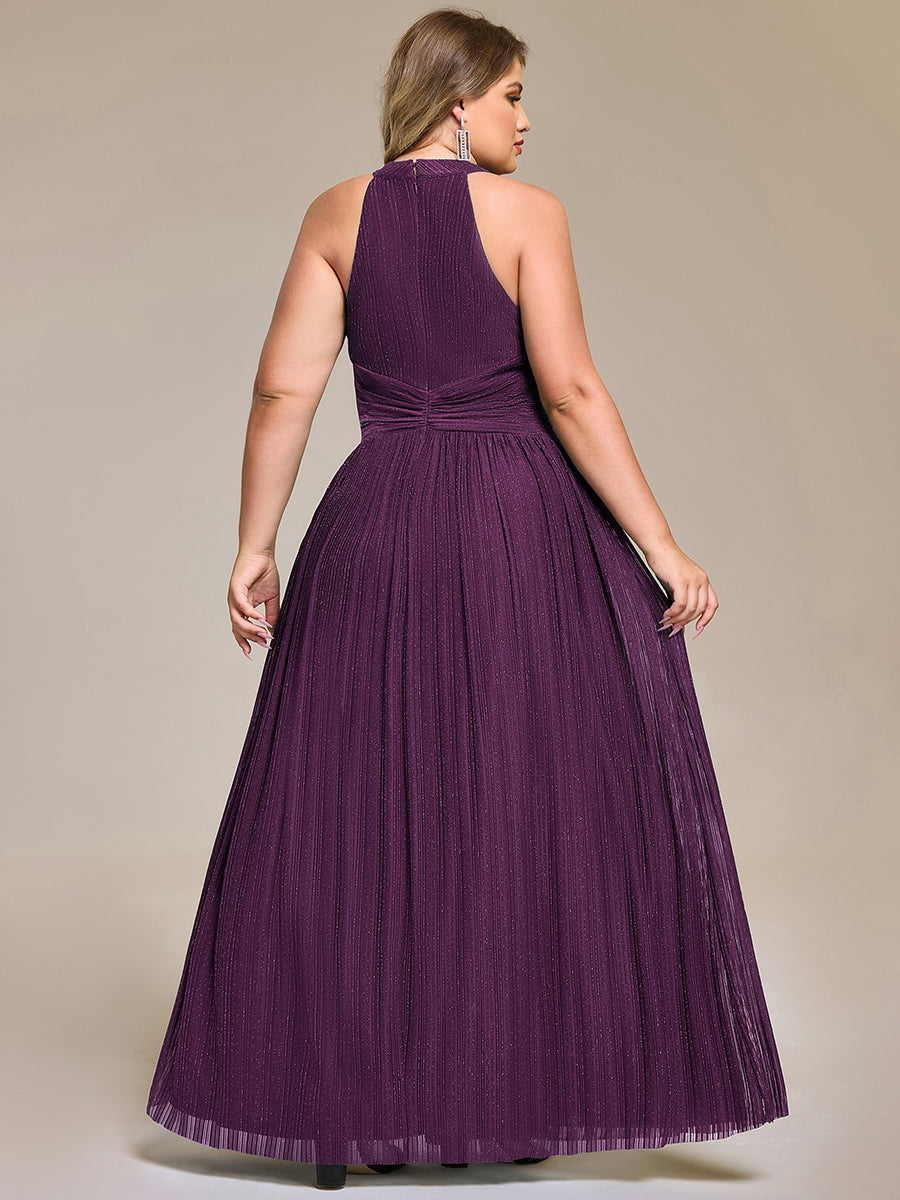 pretty EVERLAINE|Plus Size Glittery Halter Neck Pleated Formal Evening Dress