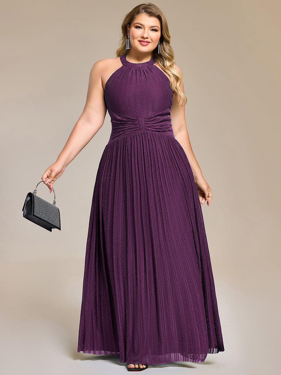 pretty EVERLAINE|Plus Size Glittery Halter Neck Pleated Formal Evening Dress