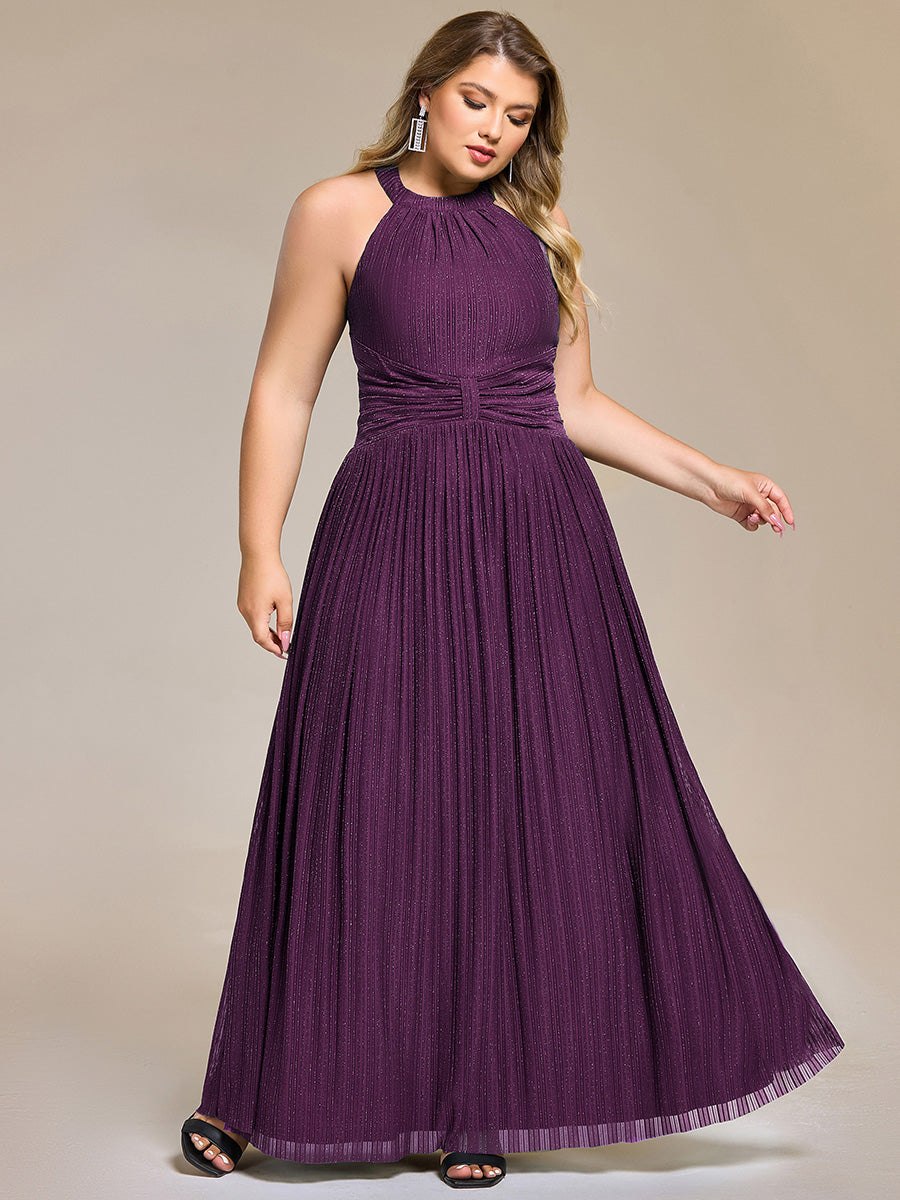 pretty EVERLAINE|Plus Size Glittery Halter Neck Pleated Formal Evening Dress