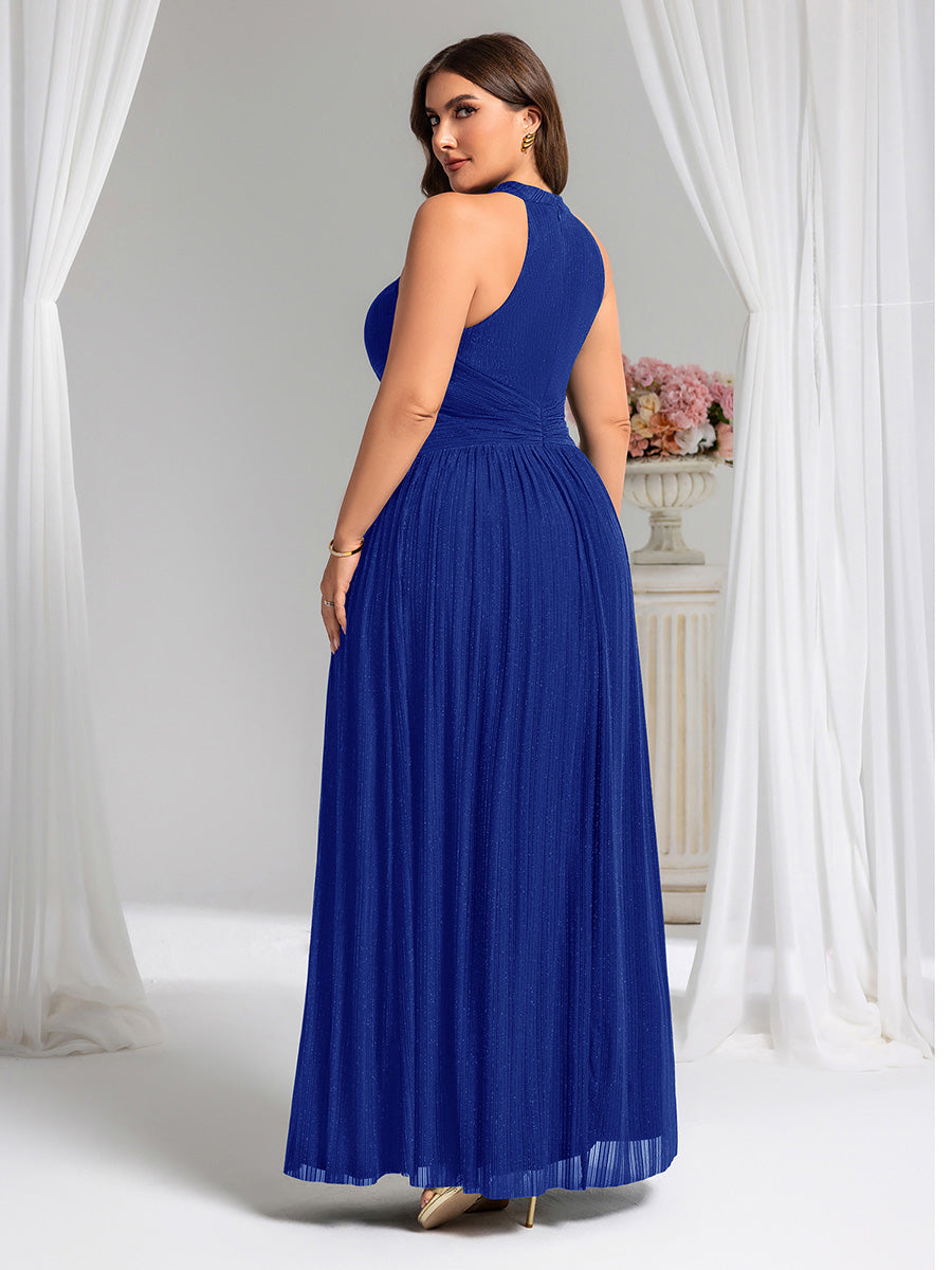 pretty EVERLAINE|Plus Size Glittery Halter Neck Pleated Formal Evening Dress