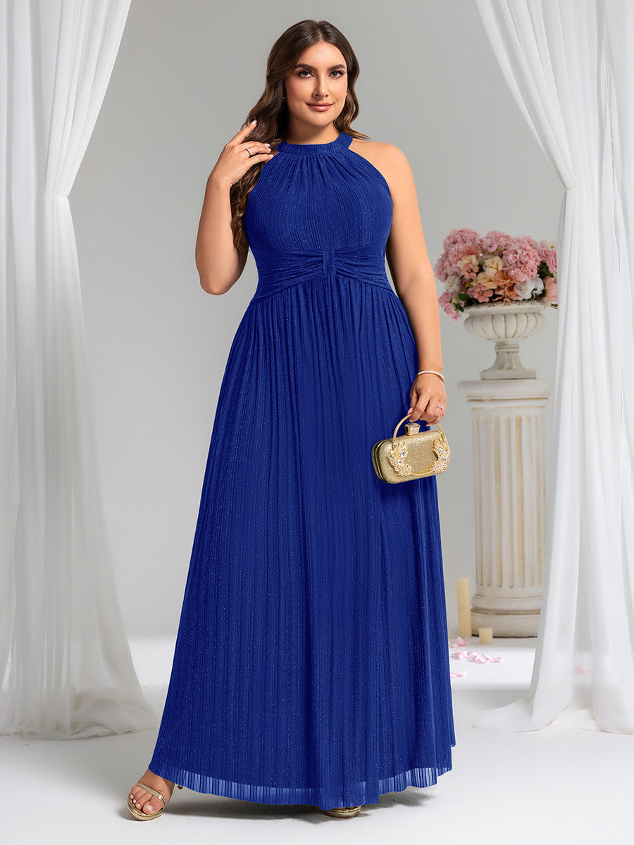pretty EVERLAINE|Plus Size Glittery Halter Neck Pleated Formal Evening Dress