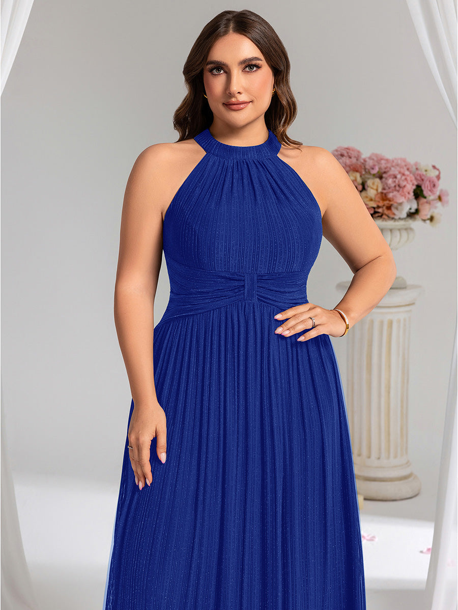 pretty EVERLAINE|Plus Size Glittery Halter Neck Pleated Formal Evening Dress