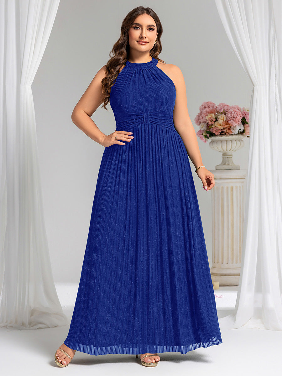 pretty EVERLAINE|Plus Size Glittery Halter Neck Pleated Formal Evening Dress