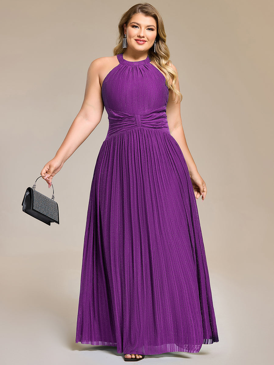 pretty EVERLAINE|Plus Size Glittery Halter Neck Pleated Formal Evening Dress