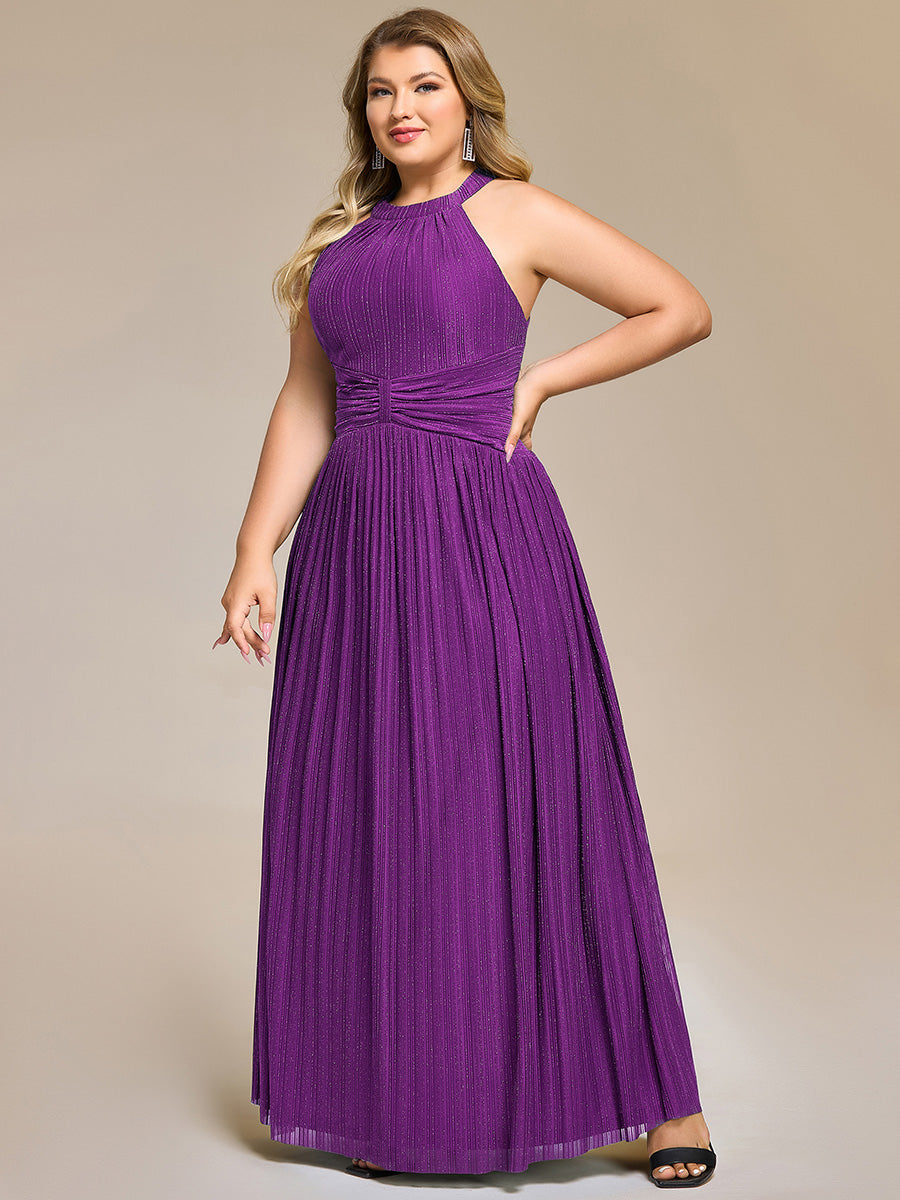 pretty EVERLAINE|Plus Size Glittery Halter Neck Pleated Formal Evening Dress