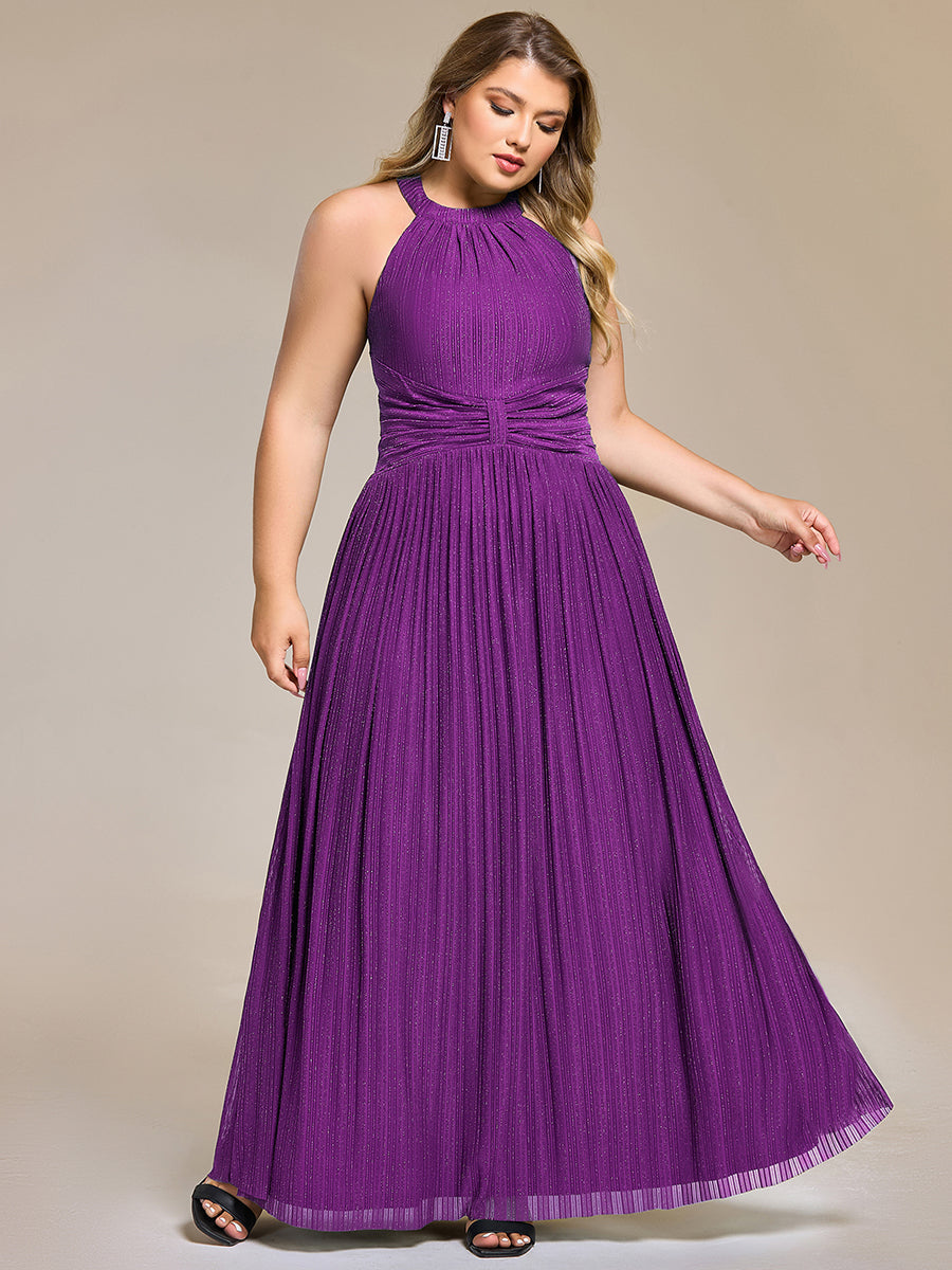 pretty EVERLAINE|Plus Size Glittery Halter Neck Pleated Formal Evening Dress