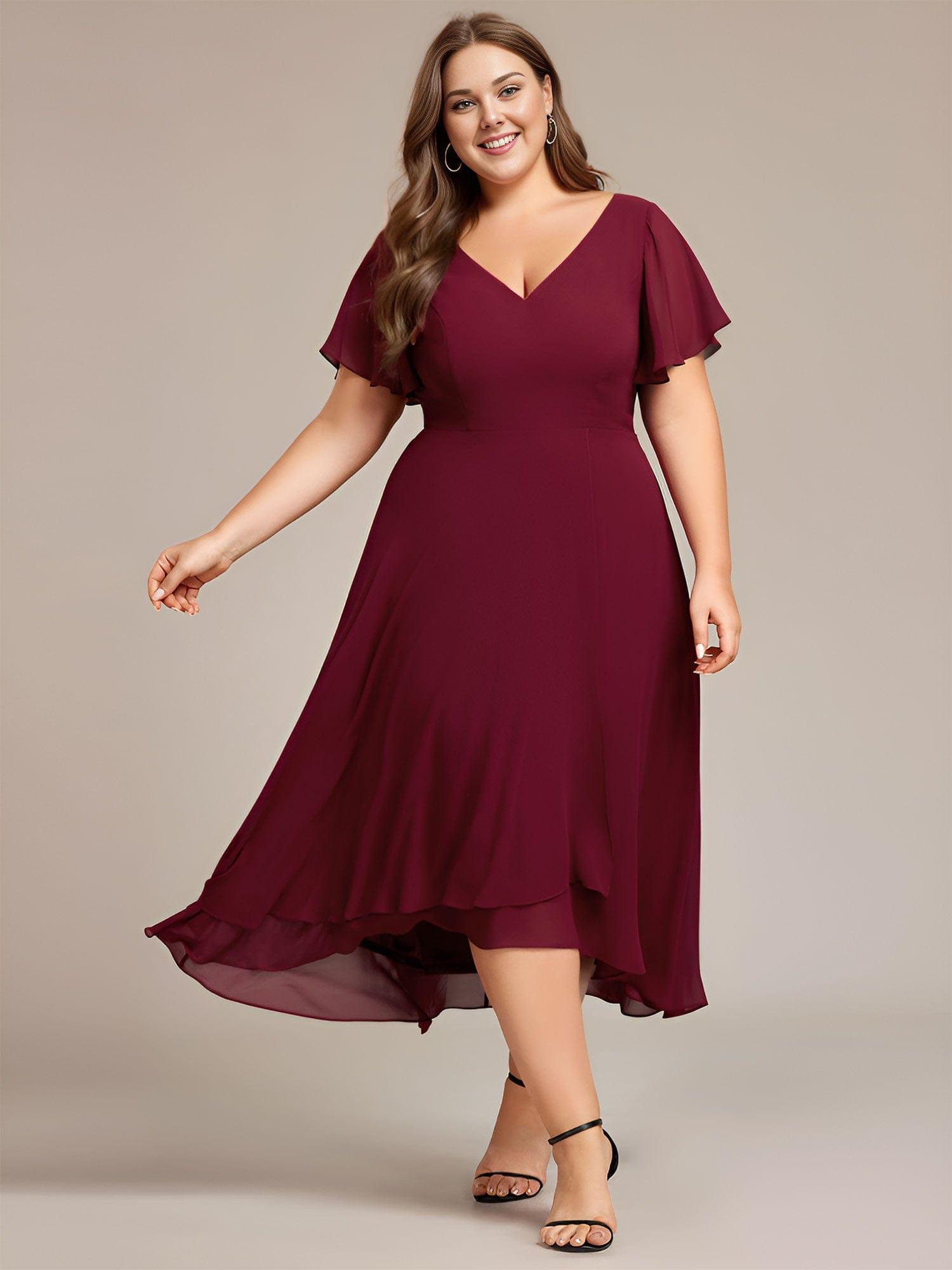 pretty AALIA|Plus Size Flowing Chiffon V-Neck Ruffle Sleeves Bridesmaid Dress