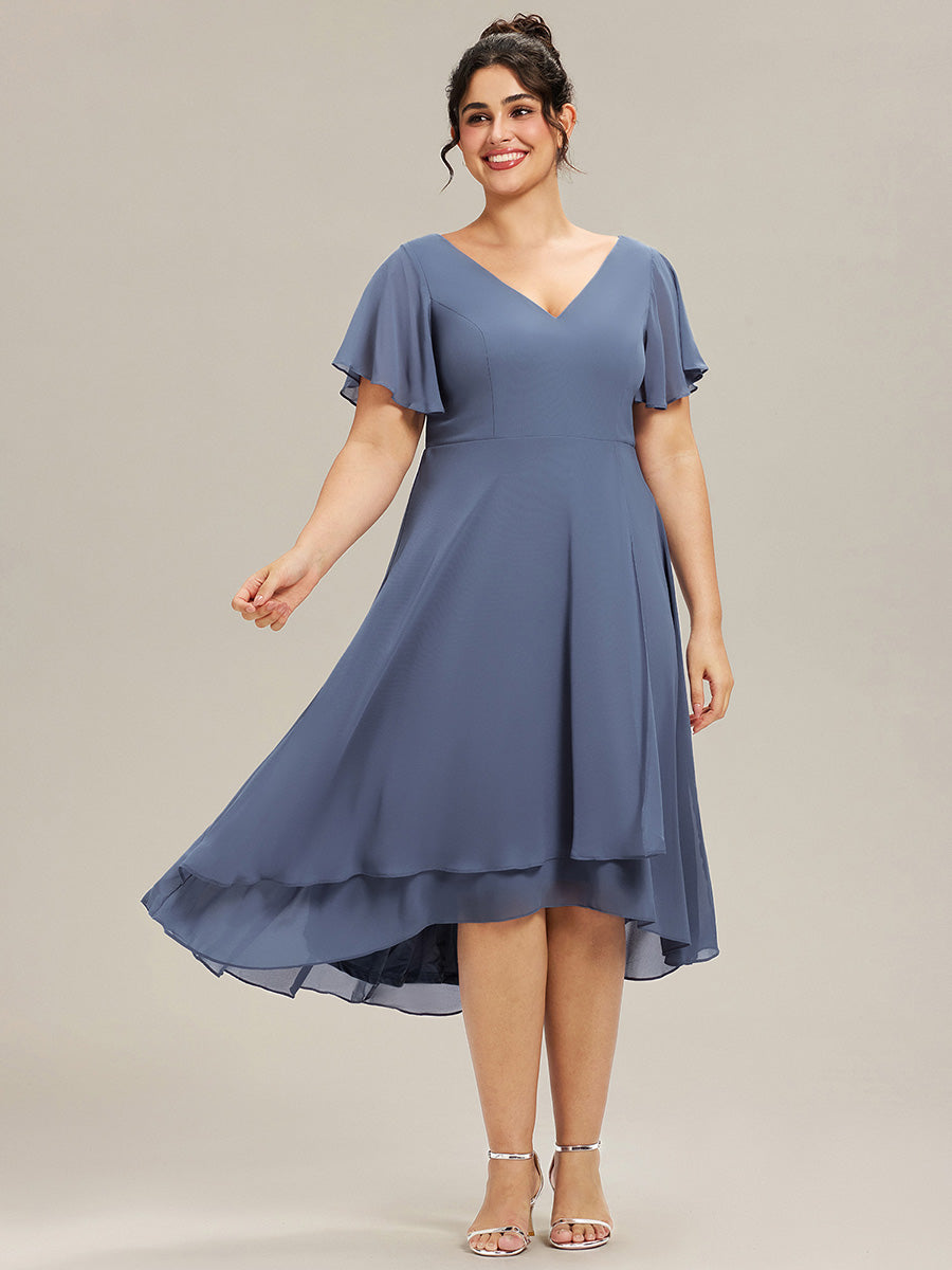pretty AALIA|Plus Size Flowing Chiffon V-Neck Ruffle Sleeves Bridesmaid Dress