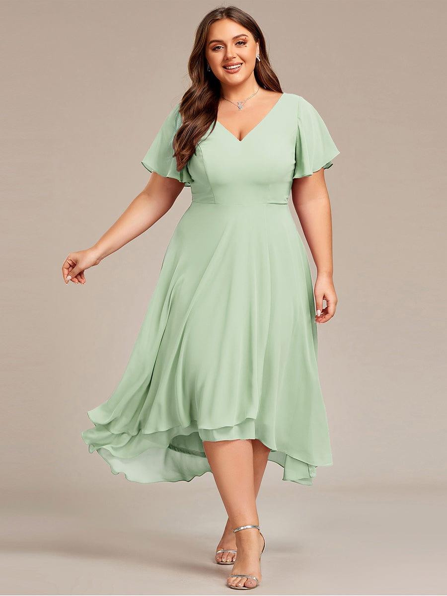 pretty AALIA|Plus Size Flowing Chiffon V-Neck Ruffle Sleeves Bridesmaid Dress