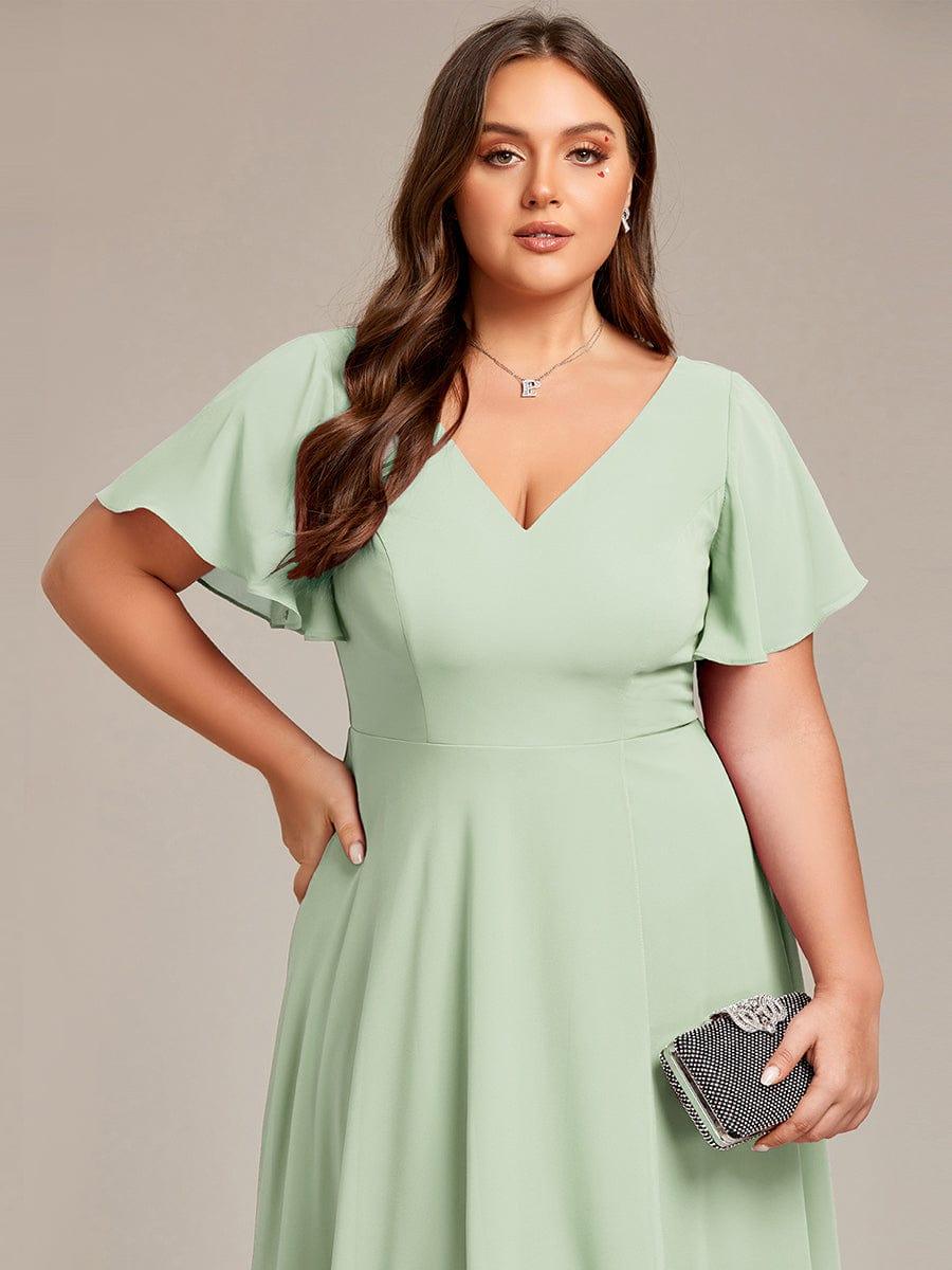 pretty AALIA|Plus Size Flowing Chiffon V-Neck Ruffle Sleeves Bridesmaid Dress