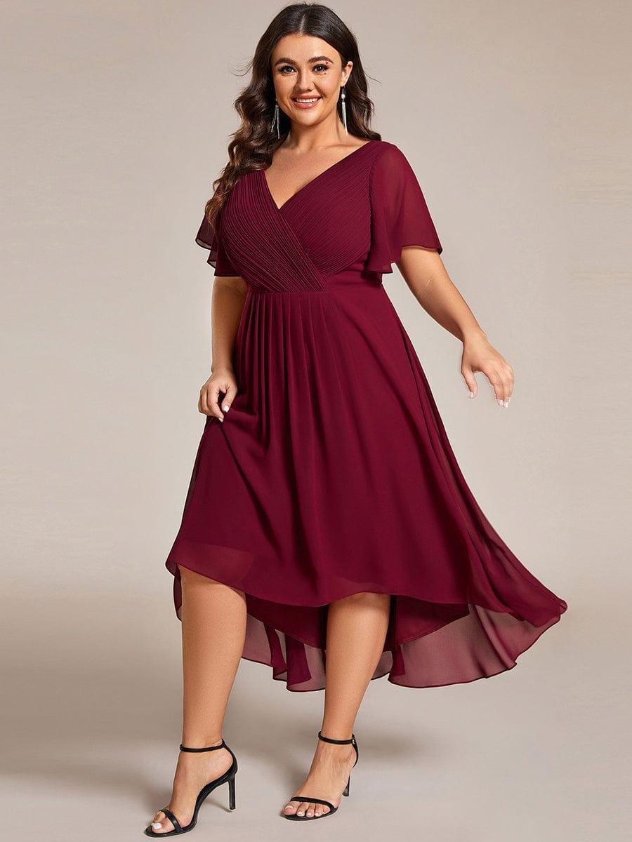 pretty FAYE|Plus Size Double V-Neck Ruffles Sleeve Chiffon Midi Wedding Guest Dress
