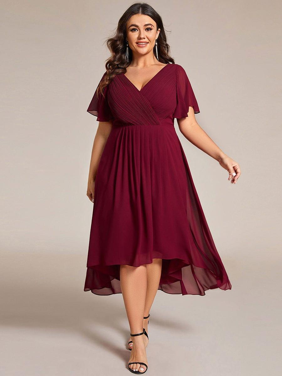 pretty FAYE|Plus Size Double V-Neck Ruffles Sleeve Chiffon Midi Wedding Guest Dress