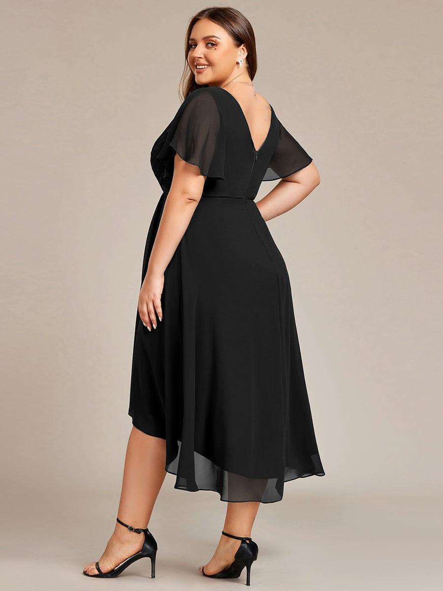 pretty FAYE|Plus Size Double V-Neck Ruffles Sleeve Chiffon Midi Wedding Guest Dress