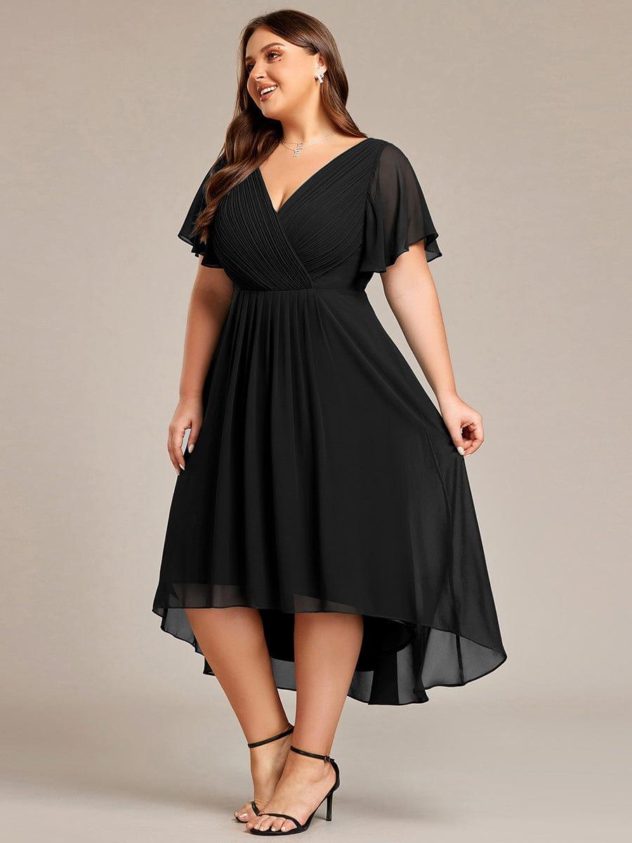 pretty FAYE|Plus Size Double V-Neck Ruffles Sleeve Chiffon Midi Wedding Guest Dress