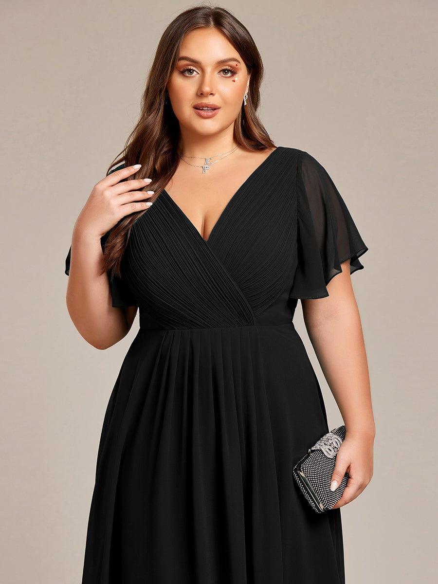 pretty FAYE|Plus Size Double V-Neck Ruffles Sleeve Chiffon Midi Wedding Guest Dress