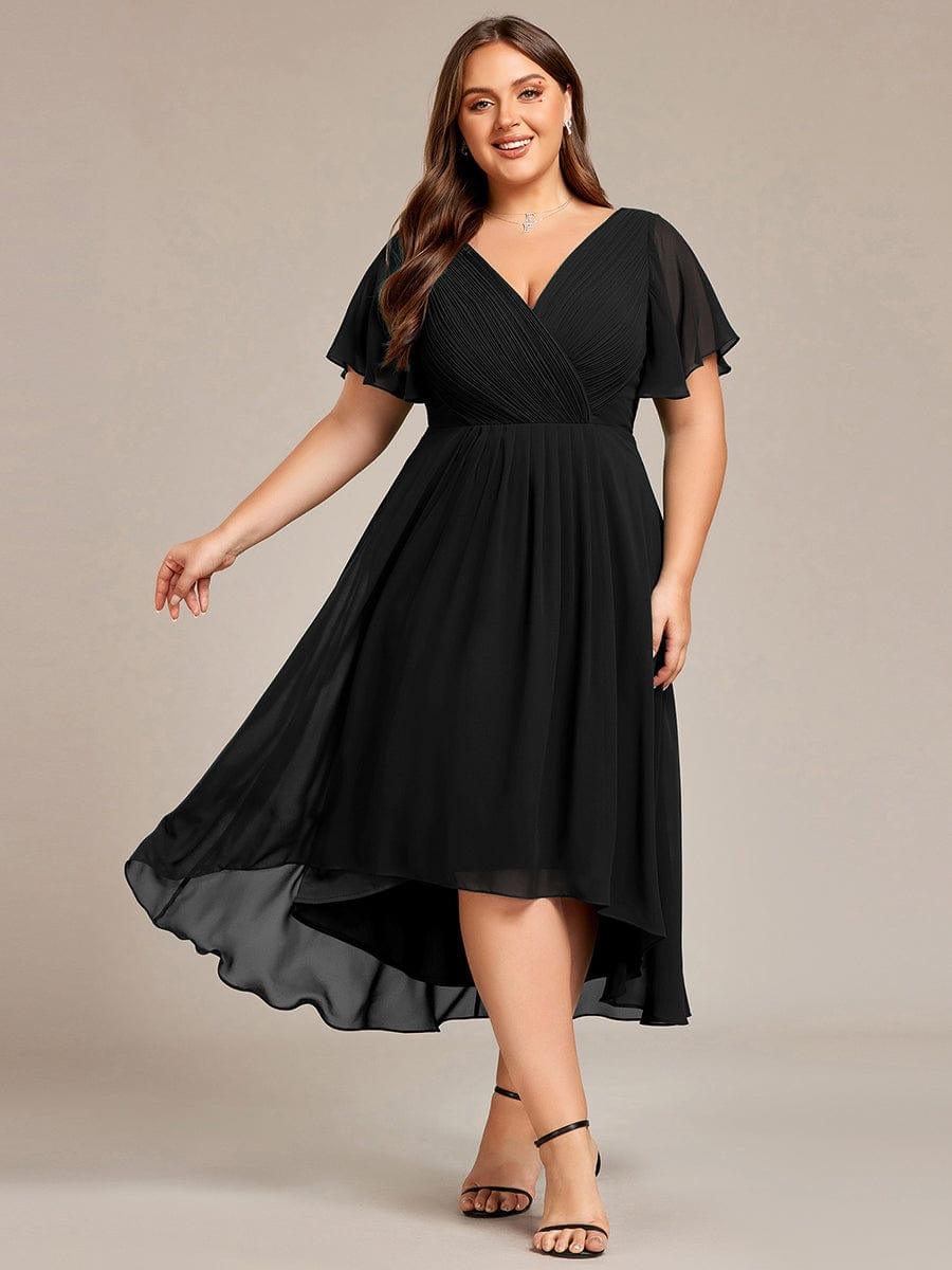 pretty FAYE|Plus Size Double V-Neck Ruffles Sleeve Chiffon Midi Wedding Guest Dress