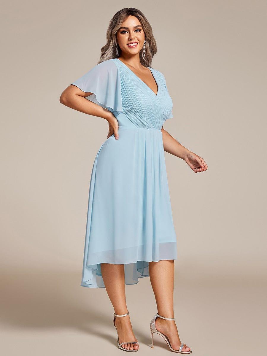 pretty FAYE|Plus Size Double V-Neck Ruffles Sleeve Chiffon Midi Wedding Guest Dress