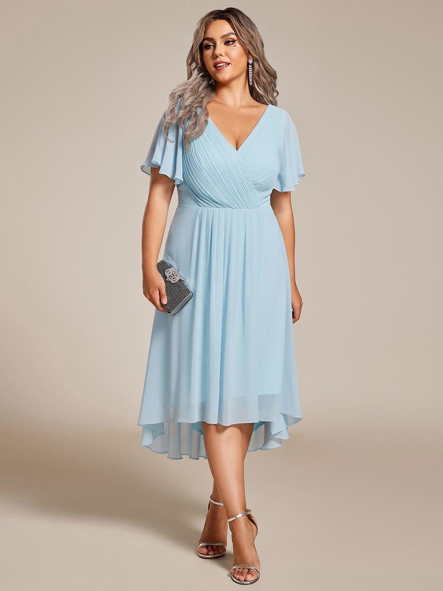 pretty FAYE|Plus Size Double V-Neck Ruffles Sleeve Chiffon Midi Wedding Guest Dress