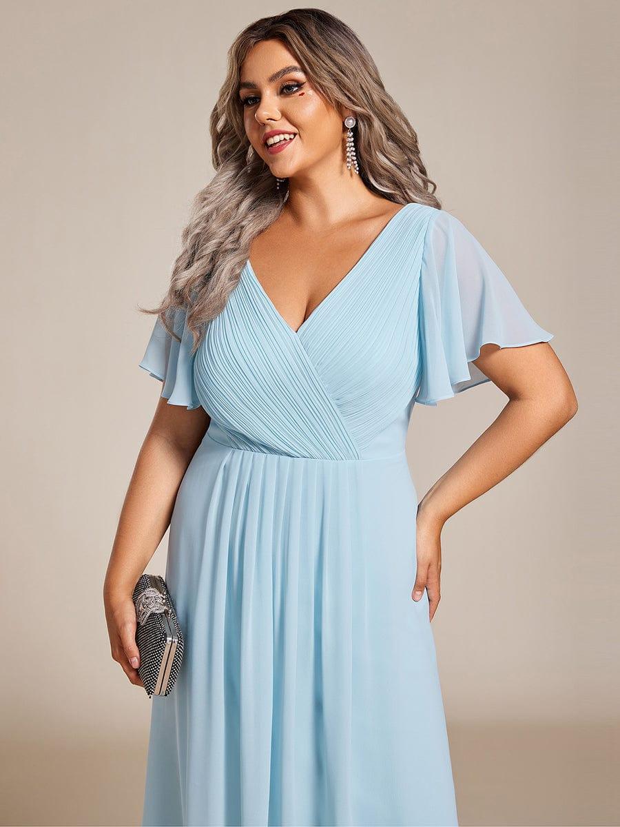 pretty FAYE|Plus Size Double V-Neck Ruffles Sleeve Chiffon Midi Wedding Guest Dress
