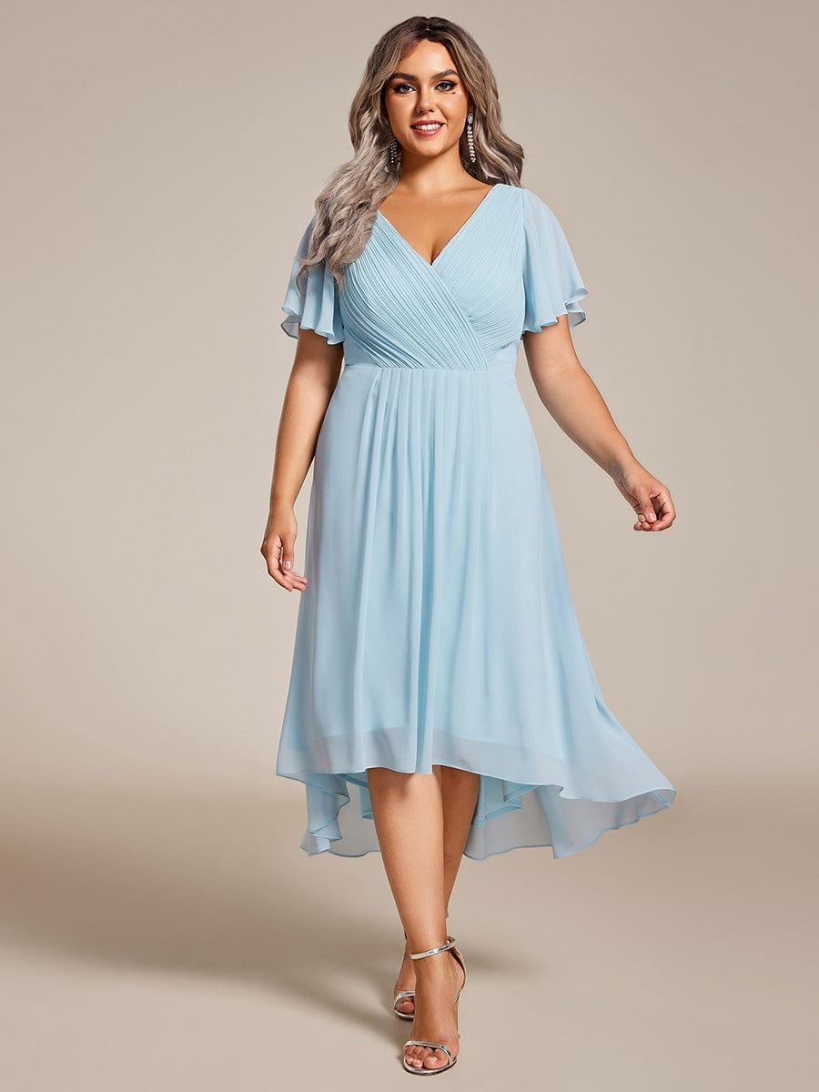 pretty FAYE|Plus Size Double V-Neck Ruffles Sleeve Chiffon Midi Wedding Guest Dress