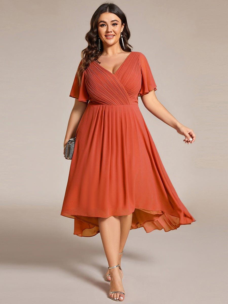 pretty FAYE|Plus Size Double V-Neck Ruffles Sleeve Chiffon Midi Wedding Guest Dress