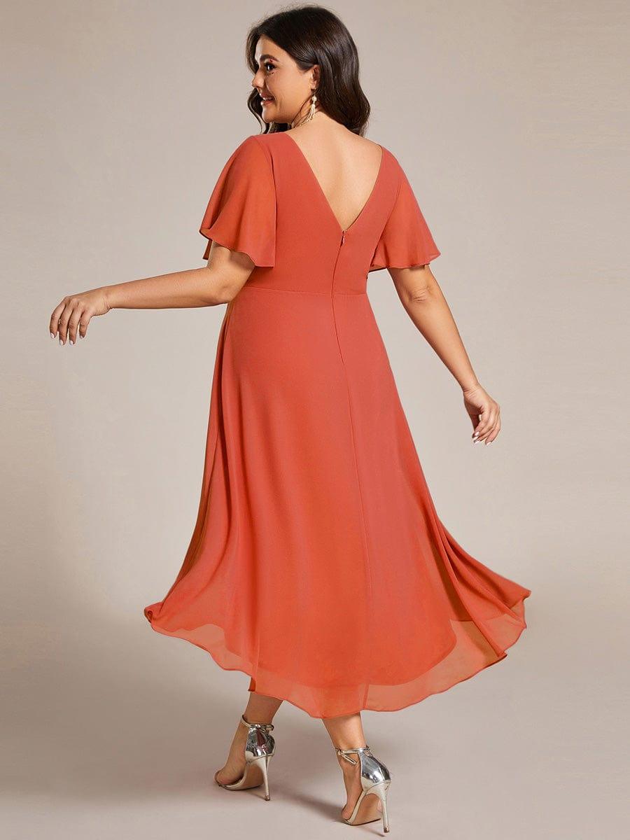 pretty FAYE|Plus Size Double V-Neck Ruffles Sleeve Chiffon Midi Wedding Guest Dress