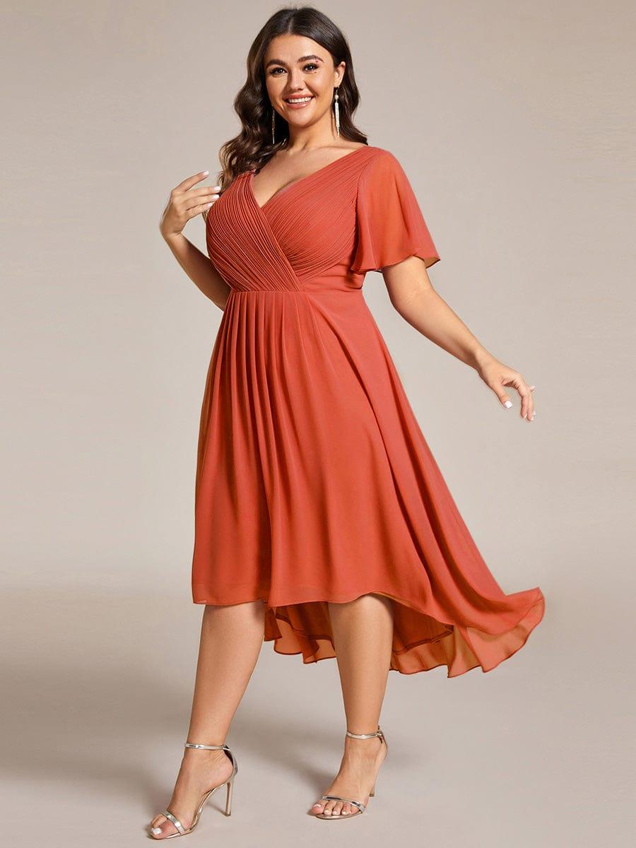 pretty FAYE|Plus Size Double V-Neck Ruffles Sleeve Chiffon Midi Wedding Guest Dress