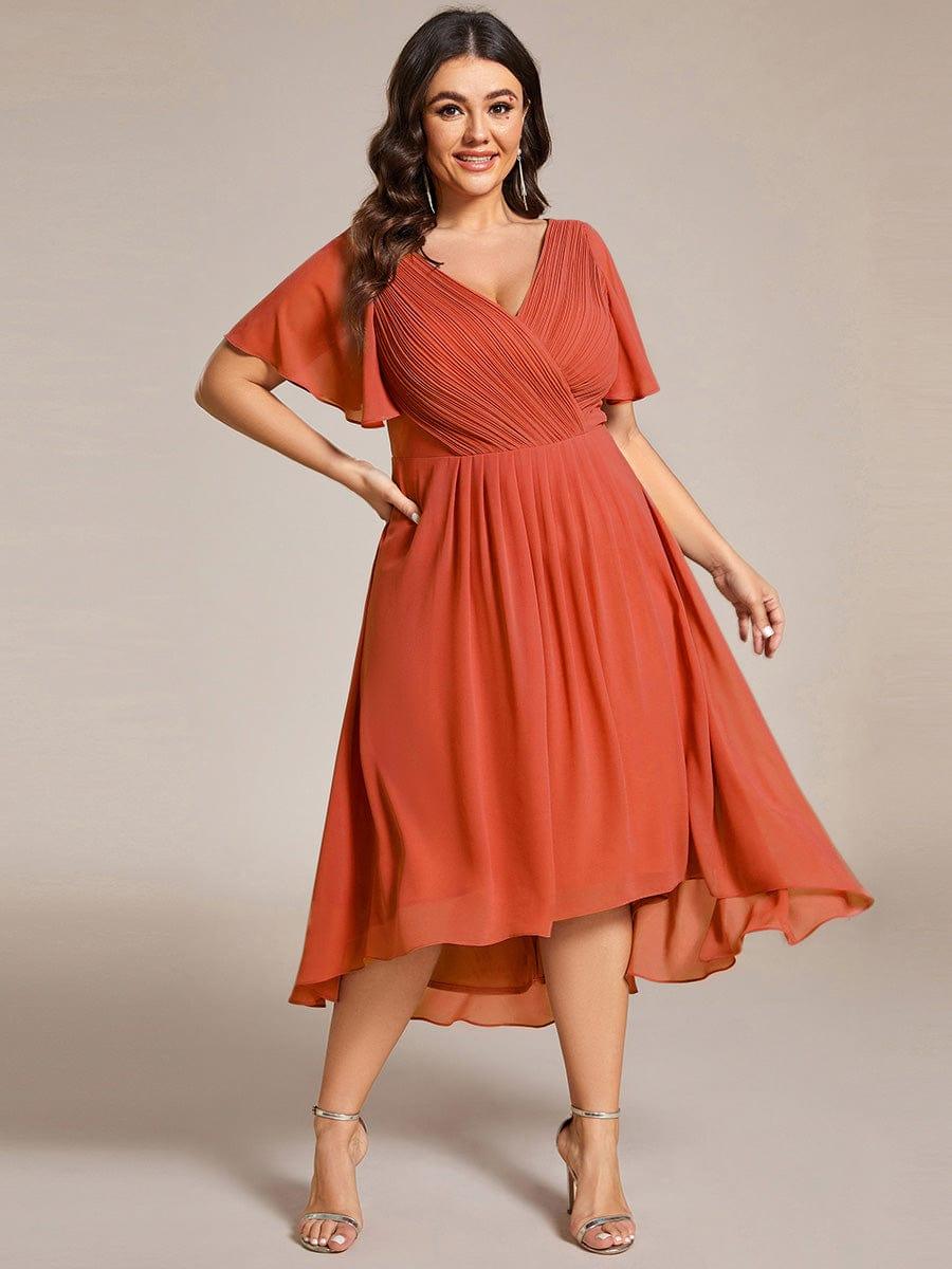 pretty FAYE|Plus Size Double V-Neck Ruffles Sleeve Chiffon Midi Wedding Guest Dress